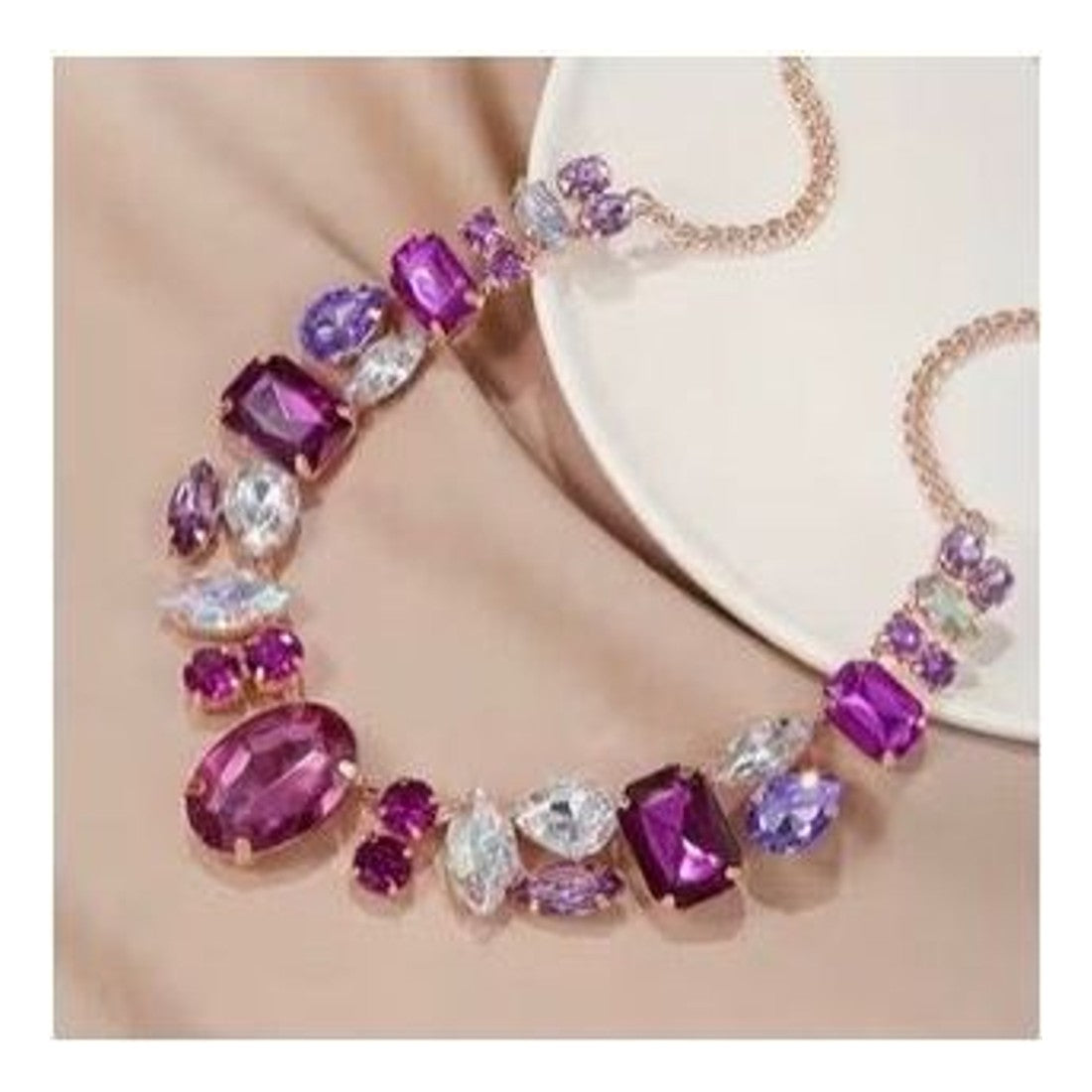 Purple Crystal Statement Necklace Chunky Rhinestone Collar Gold Tone Party