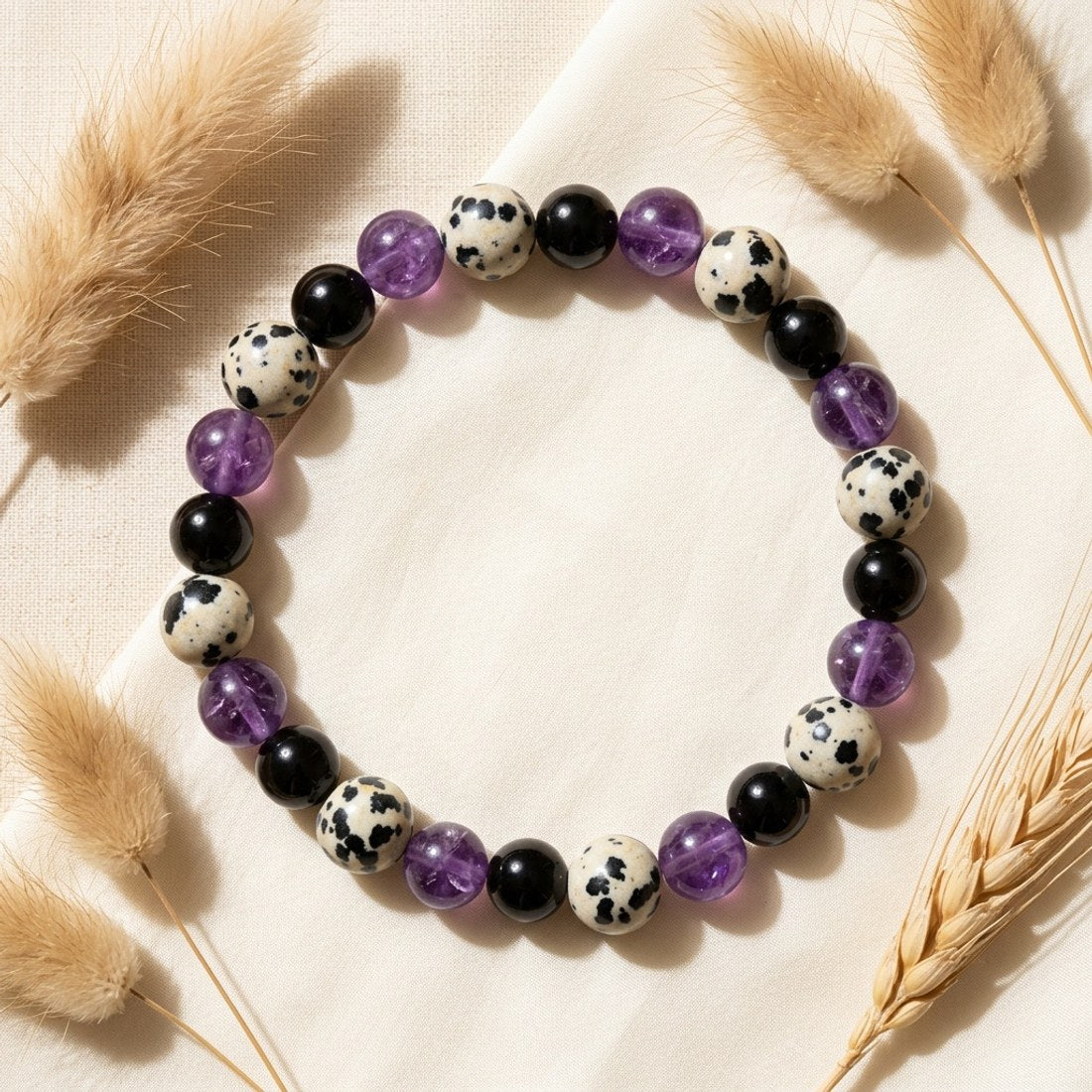 Black Onyx Purple Crystal Dalmatian Jasper Bracelet