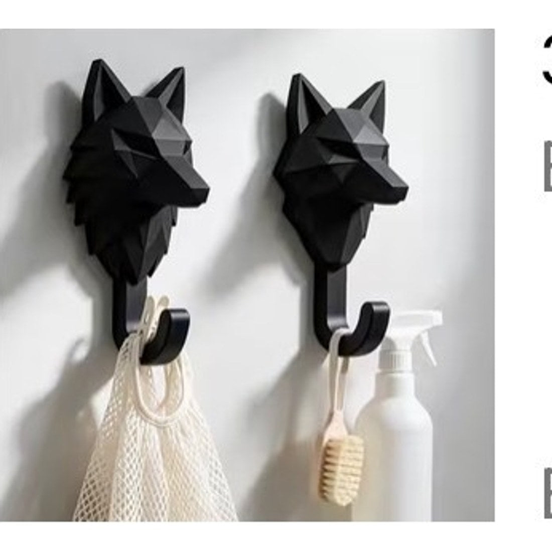 Low-Poly Wolf Head Wall Hooks 2pc Black
