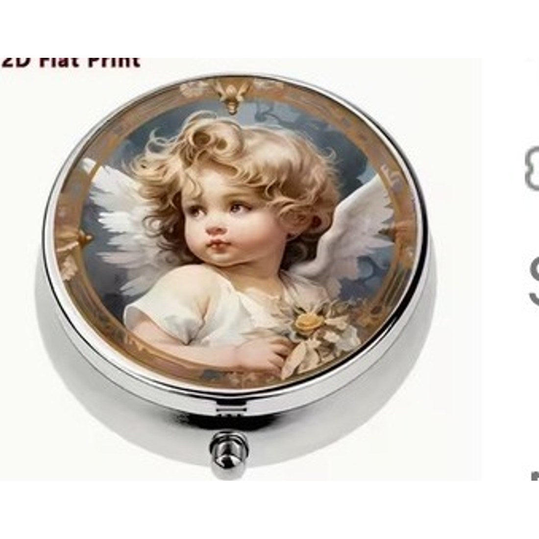 Cherub Angel Pill Box Round Silver Tone Metal Vintage Renaissance Tablet Case