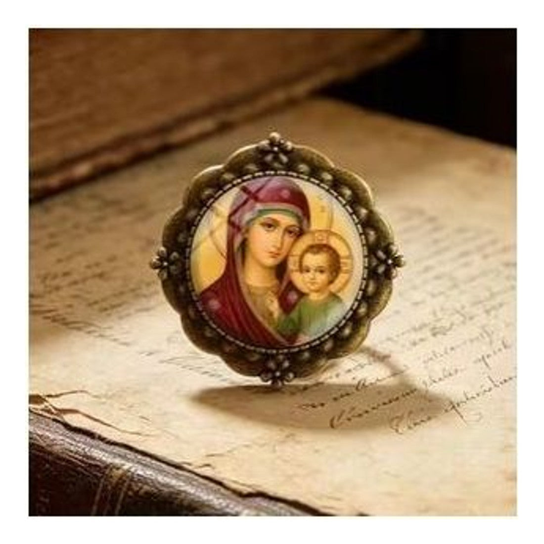 Eastern Orthodox Virgin Mary & Child Icon Brooch Religious Pin