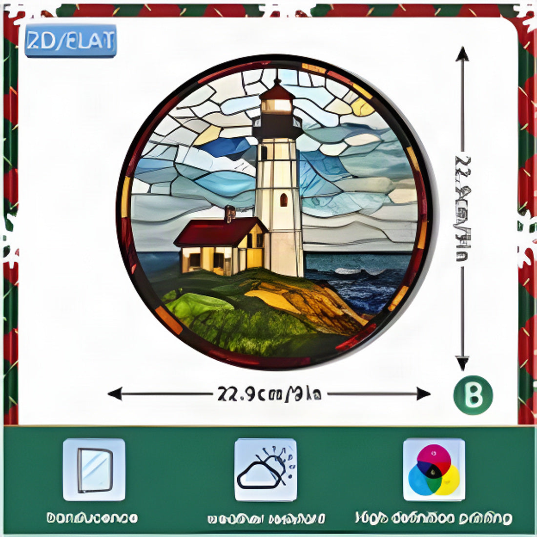 Lighthouse Stained Glass Suncatcher Round 22.9cm Blue Green