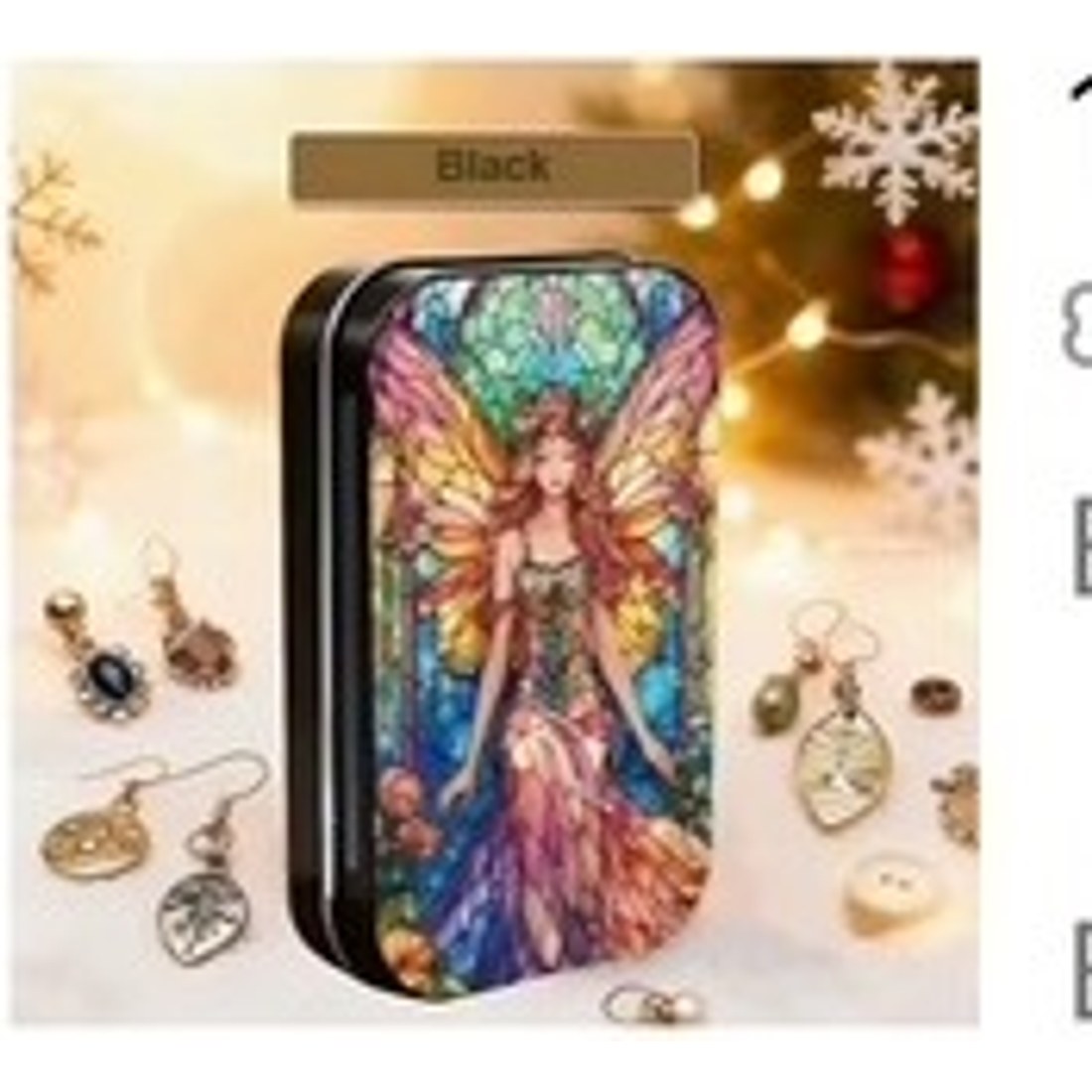 Fairy Print Square Hinged Tin Box Black Small Trinket Jewellery Storage Keepsake