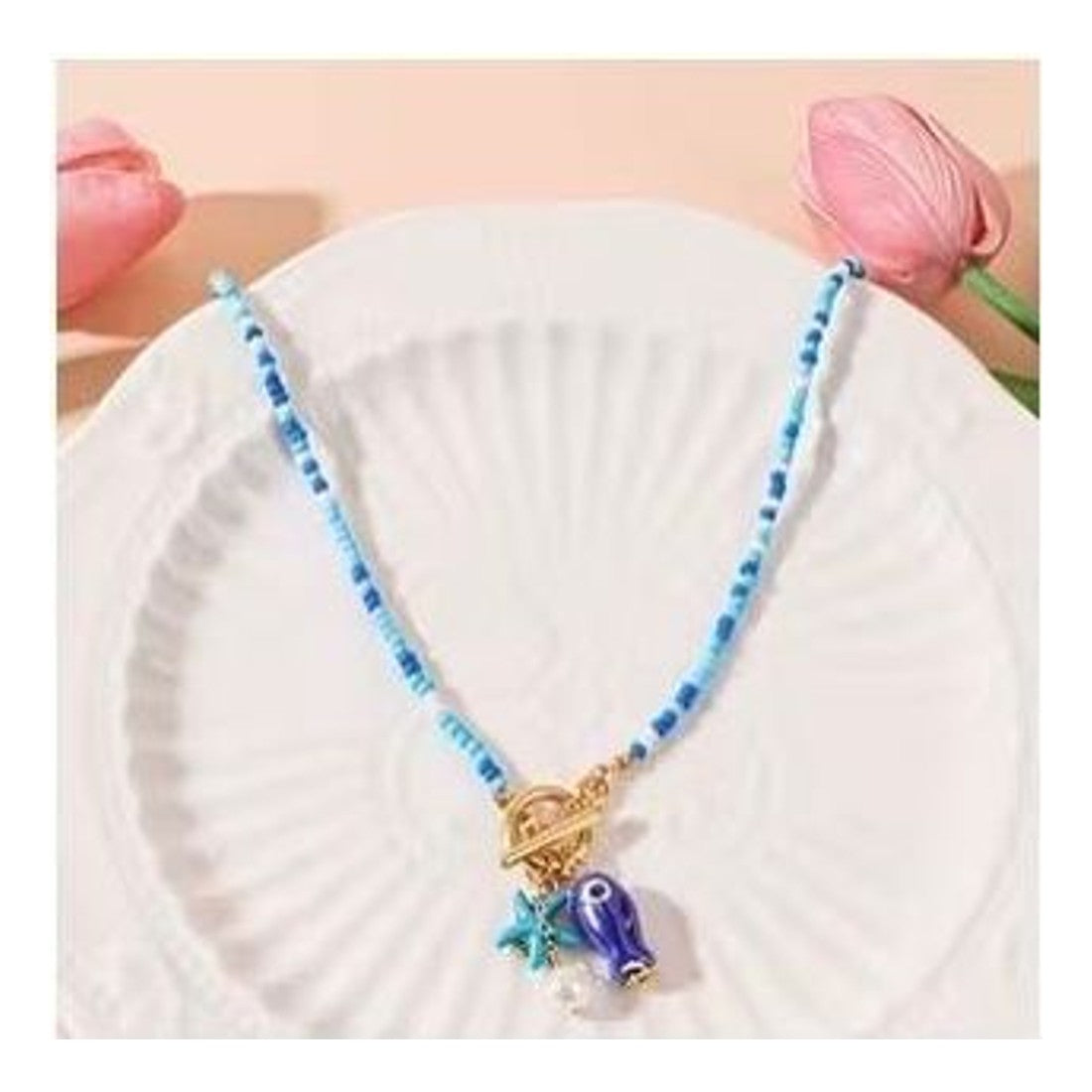 Bohemian Blue Seed Bead Necklace Fish and Starfish Charms Toggle Clasp