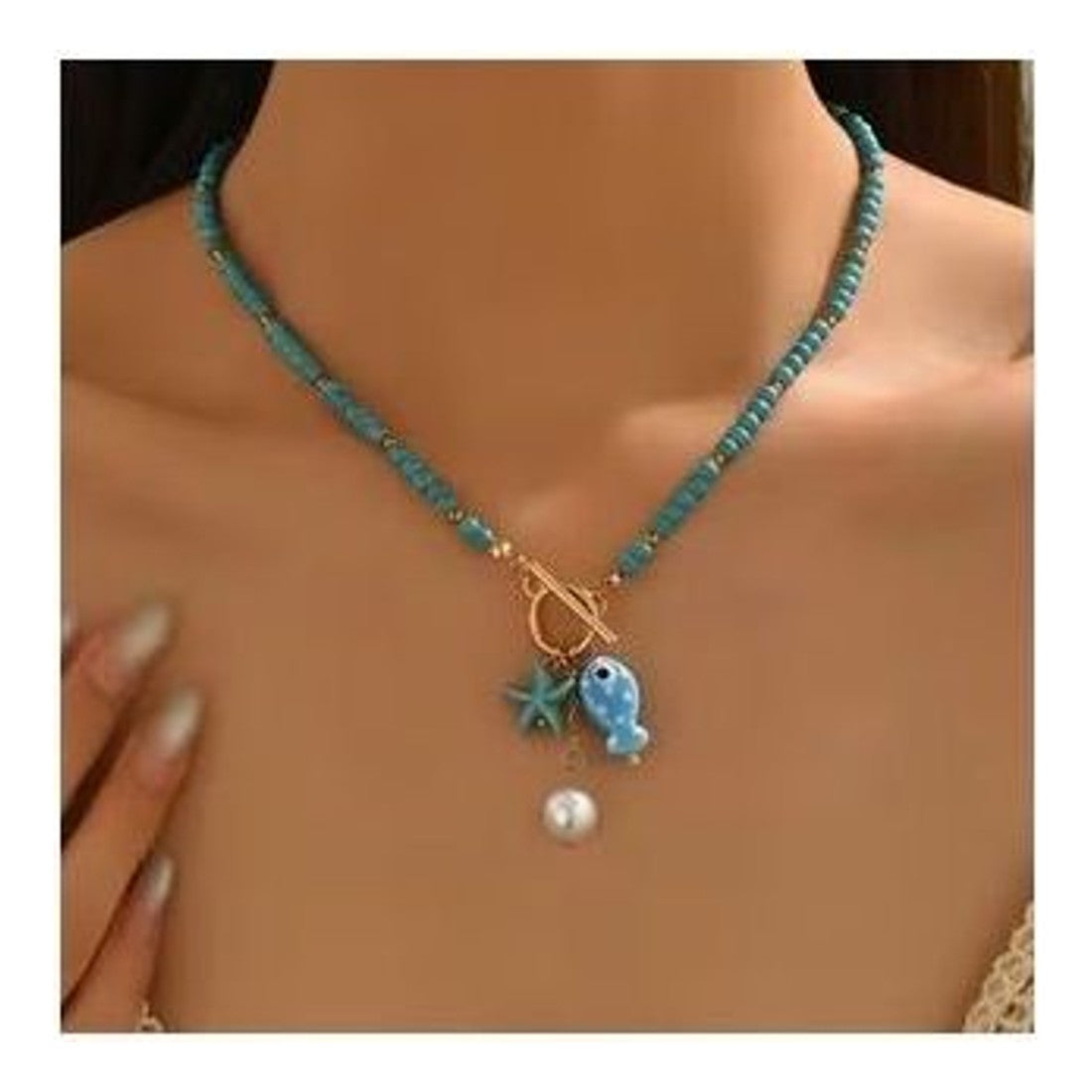 Women's Beach Necklace Turquoise Colour Beads Fish Starfish Faux Pearl