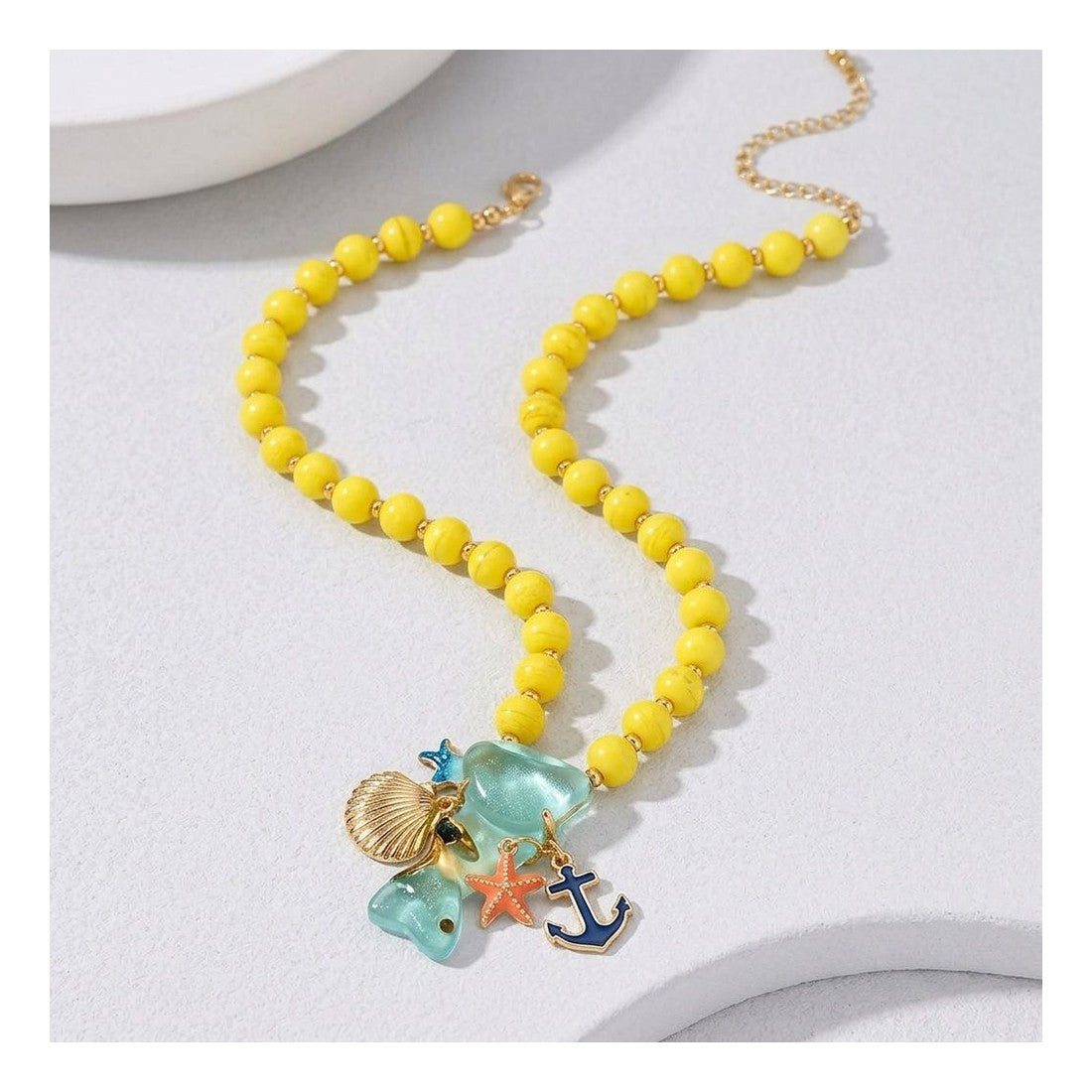 Fashionable Vacation Yellow Bead Necklace Ocean Charm Summer Statement