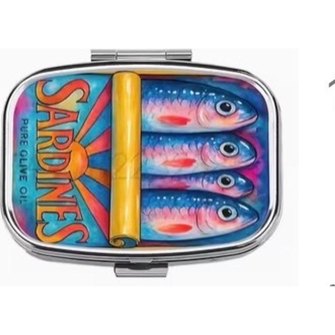 Sardine Tin Print Pill Box Metal Hinged 2 Compartment Retro Novelty Tablet Case