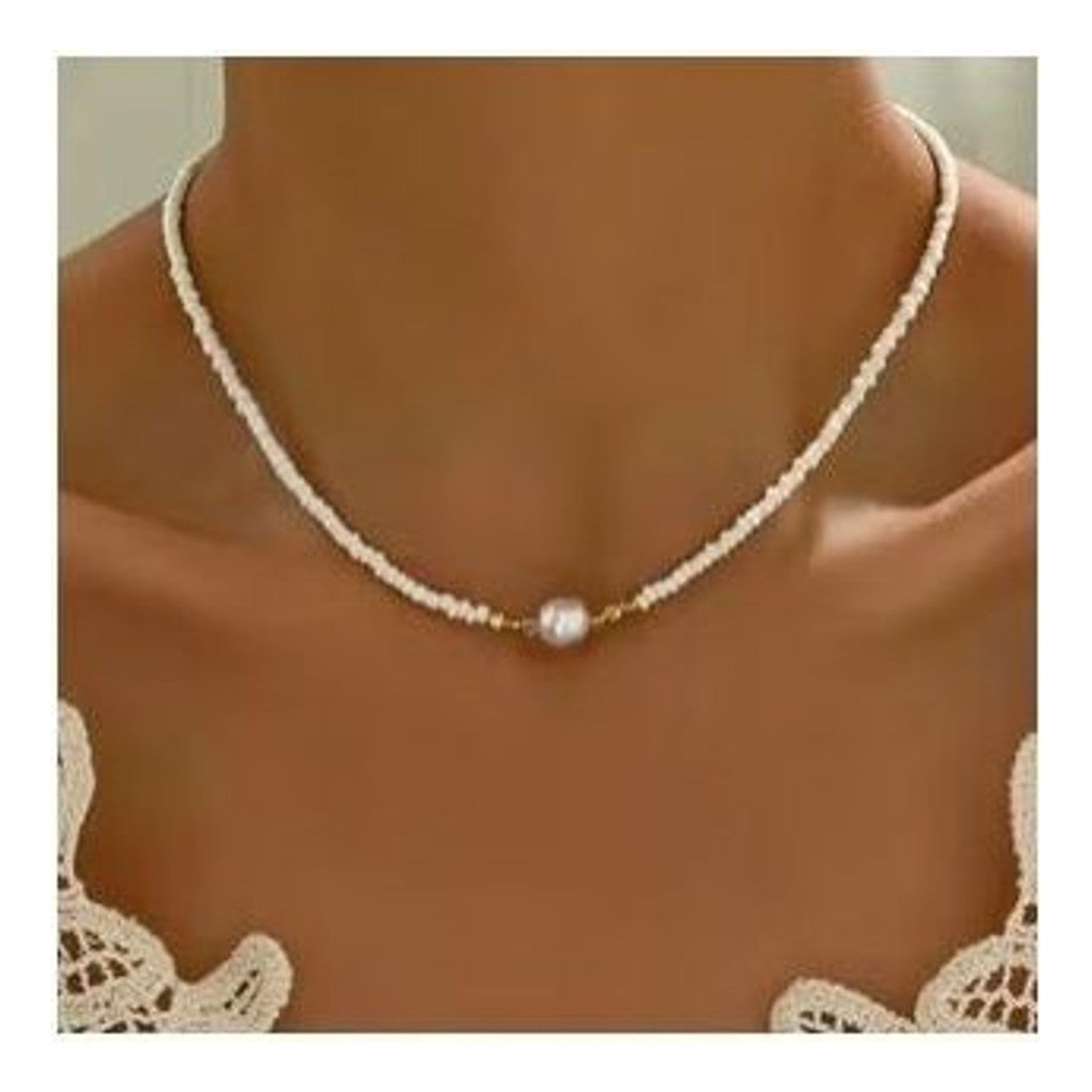 Classic White Seed Bead Necklace Irregular Faux Pearl Centre Dainty Choker