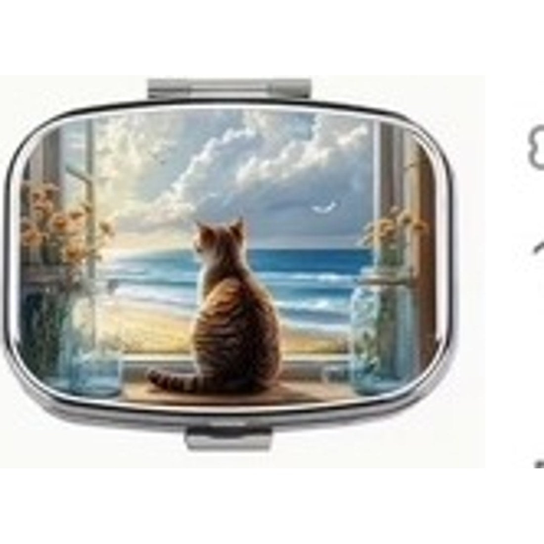 Ginger Cat at the Window Pill Box Metal Hinged Seaside Cat Lover Tablet Case