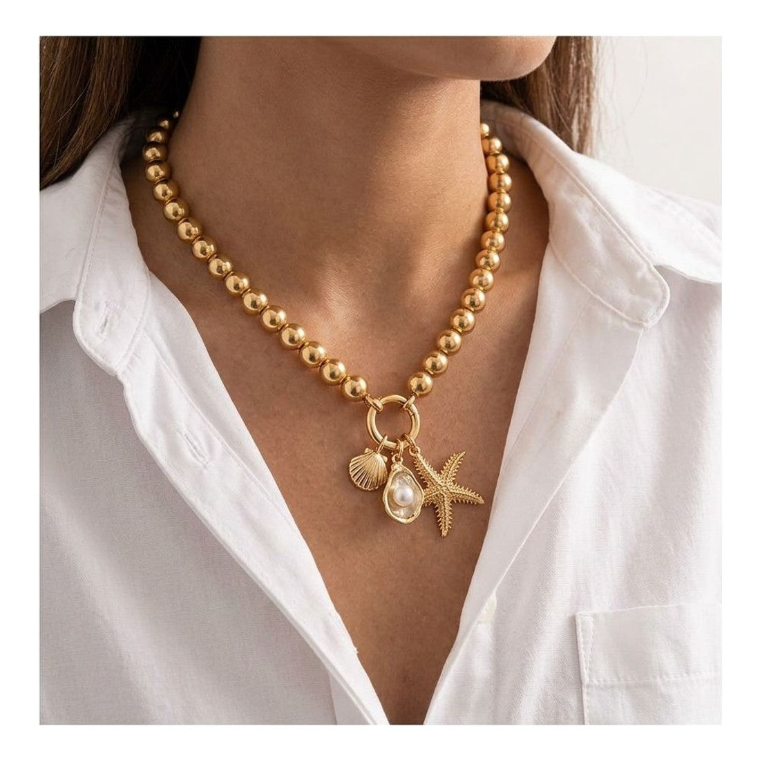 Women's Marine Life Starfish Pendant Necklace Gold Tone Beaded Beach Chain
