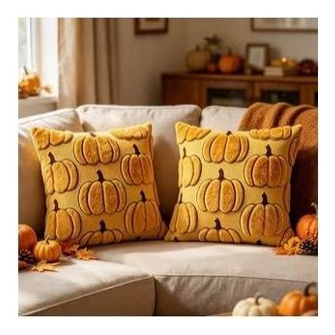 2pc Plush Pumpkin Cushion Covers Yellow 45x45cm Autumn Halloween Decor