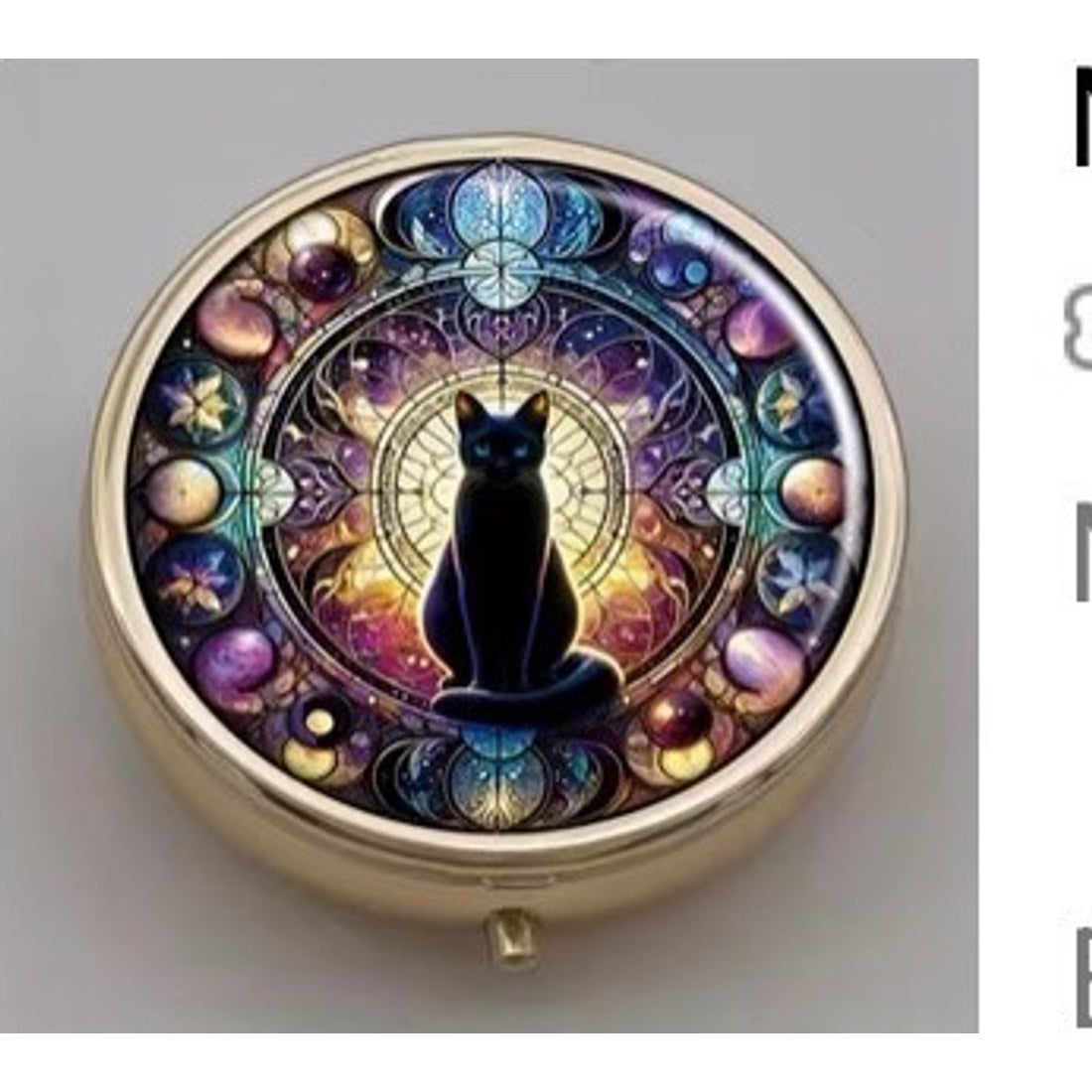 Moon and Black Cat Pill Box Round Gold Tone Celestial Witchy Tablet Case Gift