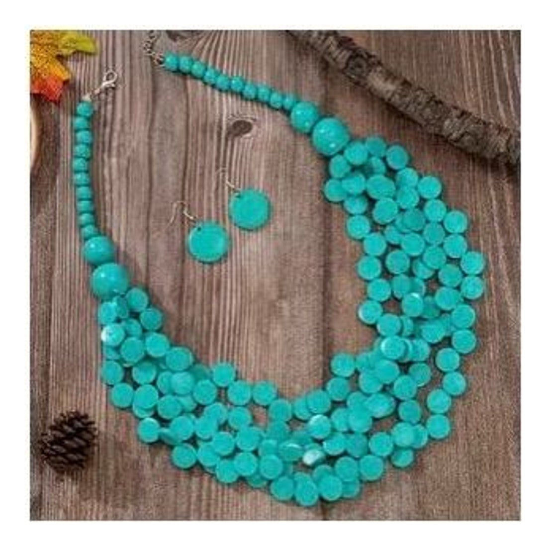 3pc Bohemian Wooden Bead Necklace & Earrings Set Sky Blue Boho