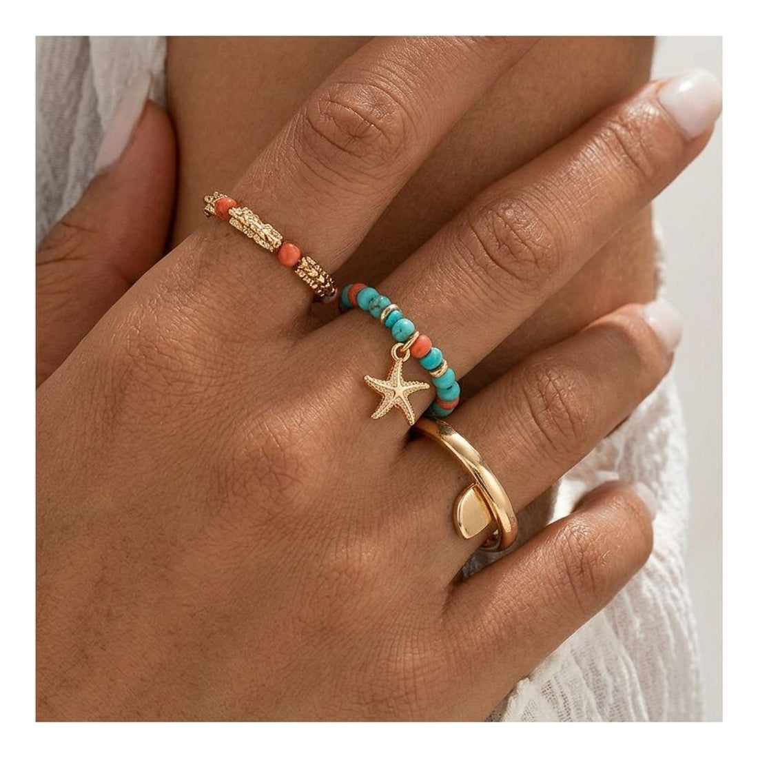 3pc Bohemian Coloured Bead Ring Set Polychrome Stacking Rings Boho