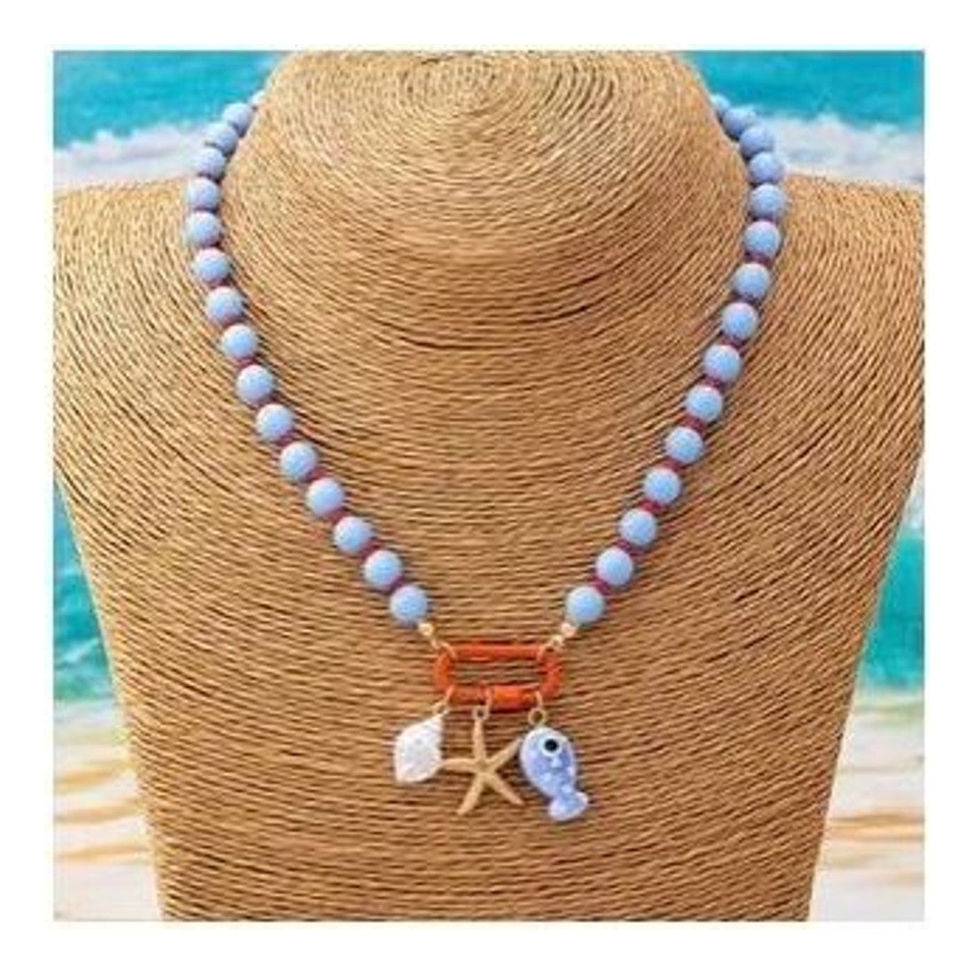 Bohemian Blue Beaded Necklace Orange Carabiner Starfish Fish Charm