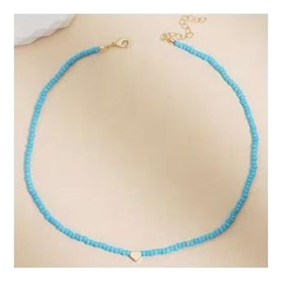 Bohemian Blue Rice Bead Necklace Tiny Heart Detail Dainty Beach Choker