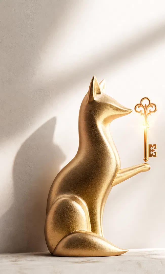 A golden fox figurine holding a small ornate key