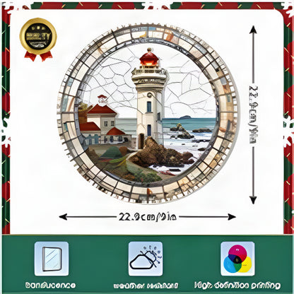 Lighthouse Stained Glass Suncatcher Round 22.9cm White Mosaic