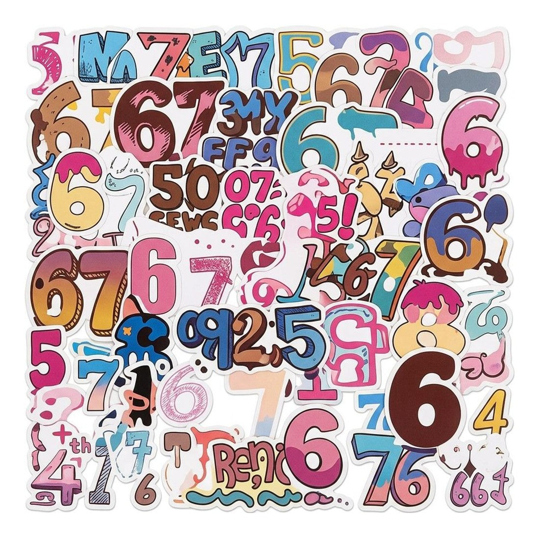 50pc Fun Mixed Sticker Pack Colourful Number Graffiti Decals Laptop Bottle