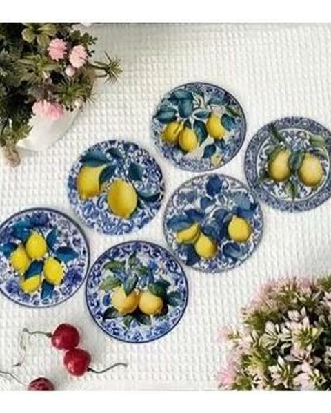 6pc Italian Lemon Ceramic Coaster Set Sicilian Blue Tile Print