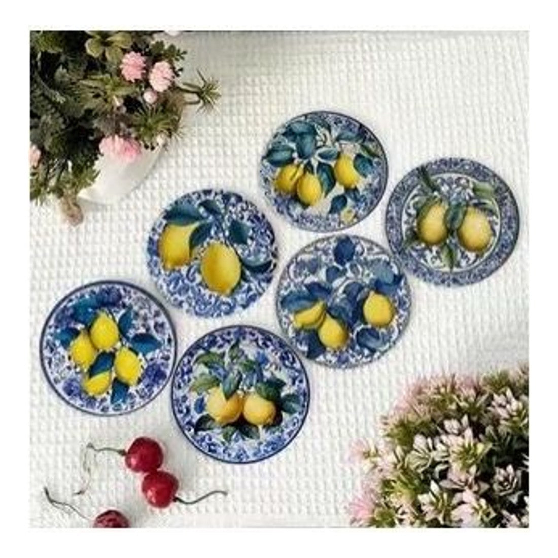 6pc Italian Lemon Ceramic Coaster Set Sicilian Blue Tile Print