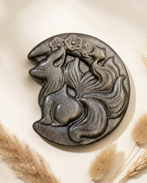Obsidian Nine-Tailed Fox Carving