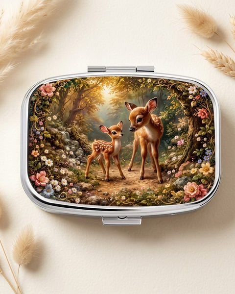 Deer and Forest Flowers Pill Box Square Metal Woodland Fawn Tablet Case Gift