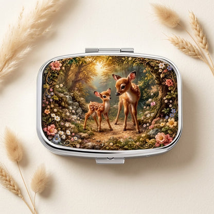 Deer and Forest Flowers Pill Box Square Metal Woodland Fawn Tablet Case Gift
