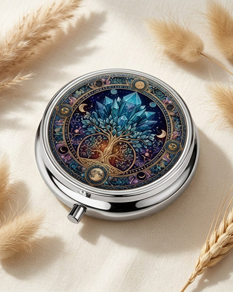 Blue Crystal Zodiac Pill Box Round Metal Celestial Astrology Tablet Case Gift