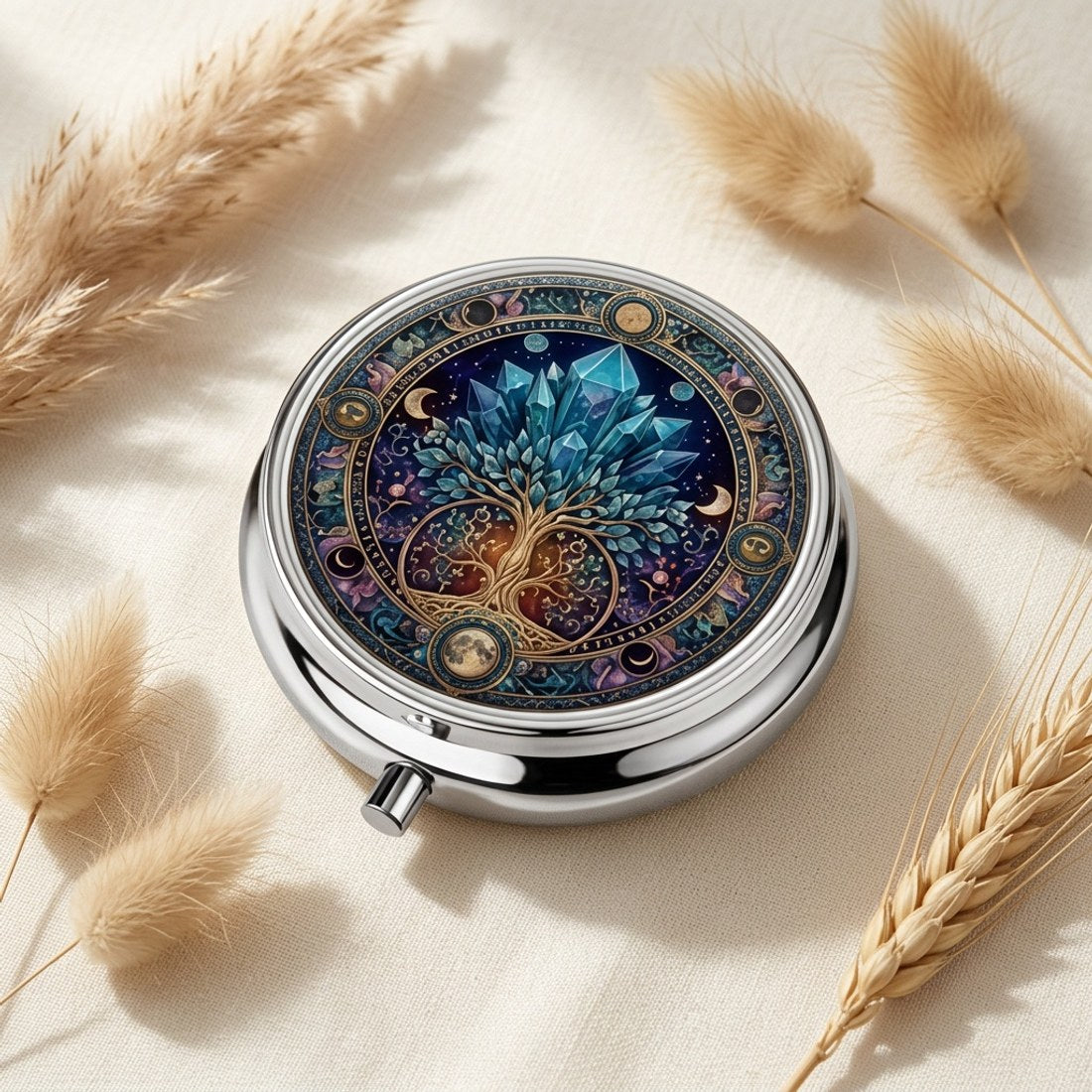 Blue Crystal Zodiac Pill Box Round Metal Celestial Astrology Tablet Case Gift