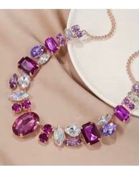 Purple Crystal Statement Necklace Chunky Rhinestone Collar Gold Tone Party