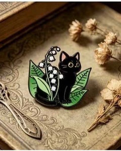 Black Cat & Lily of the Valley Enamel Pin