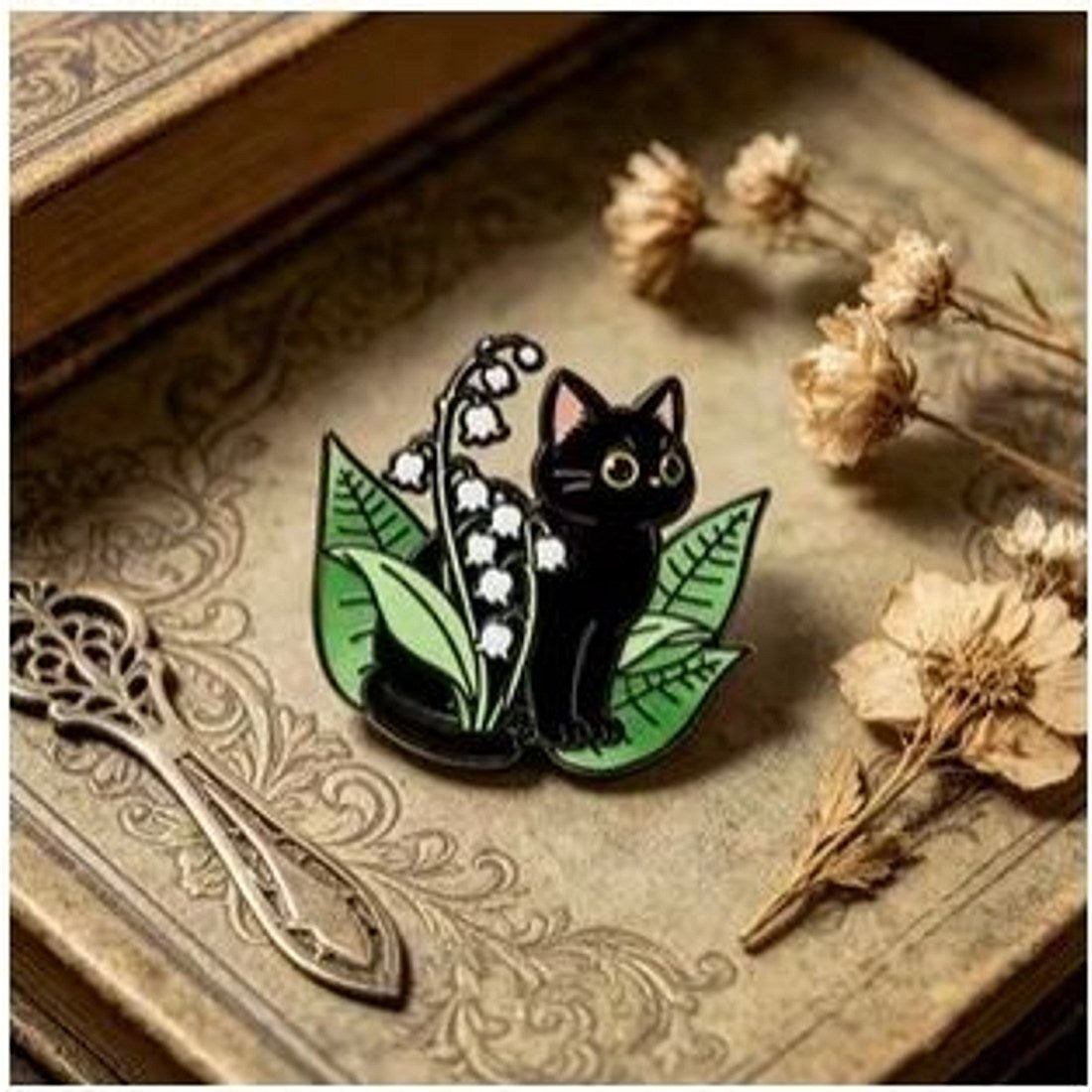 Black Cat & Lily of the Valley Enamel Pin