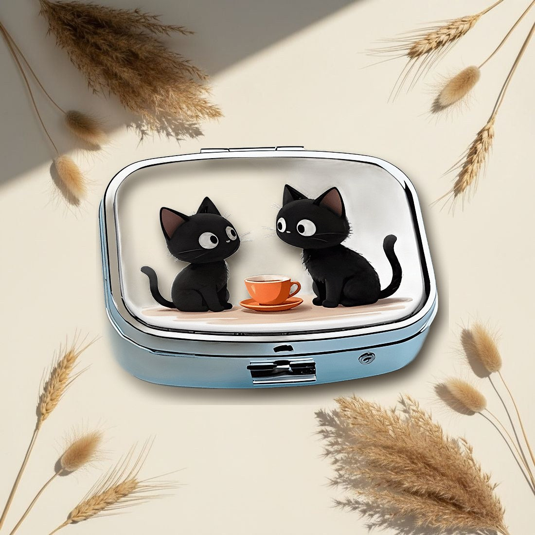 Two Black Cats Tea Square Pill Box