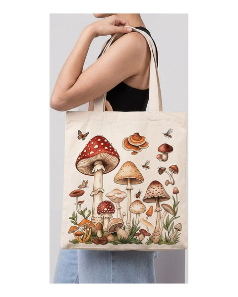 Mushroom and Butterfly Canvas Tote Bag 35x40cm Cottagecore Shopper