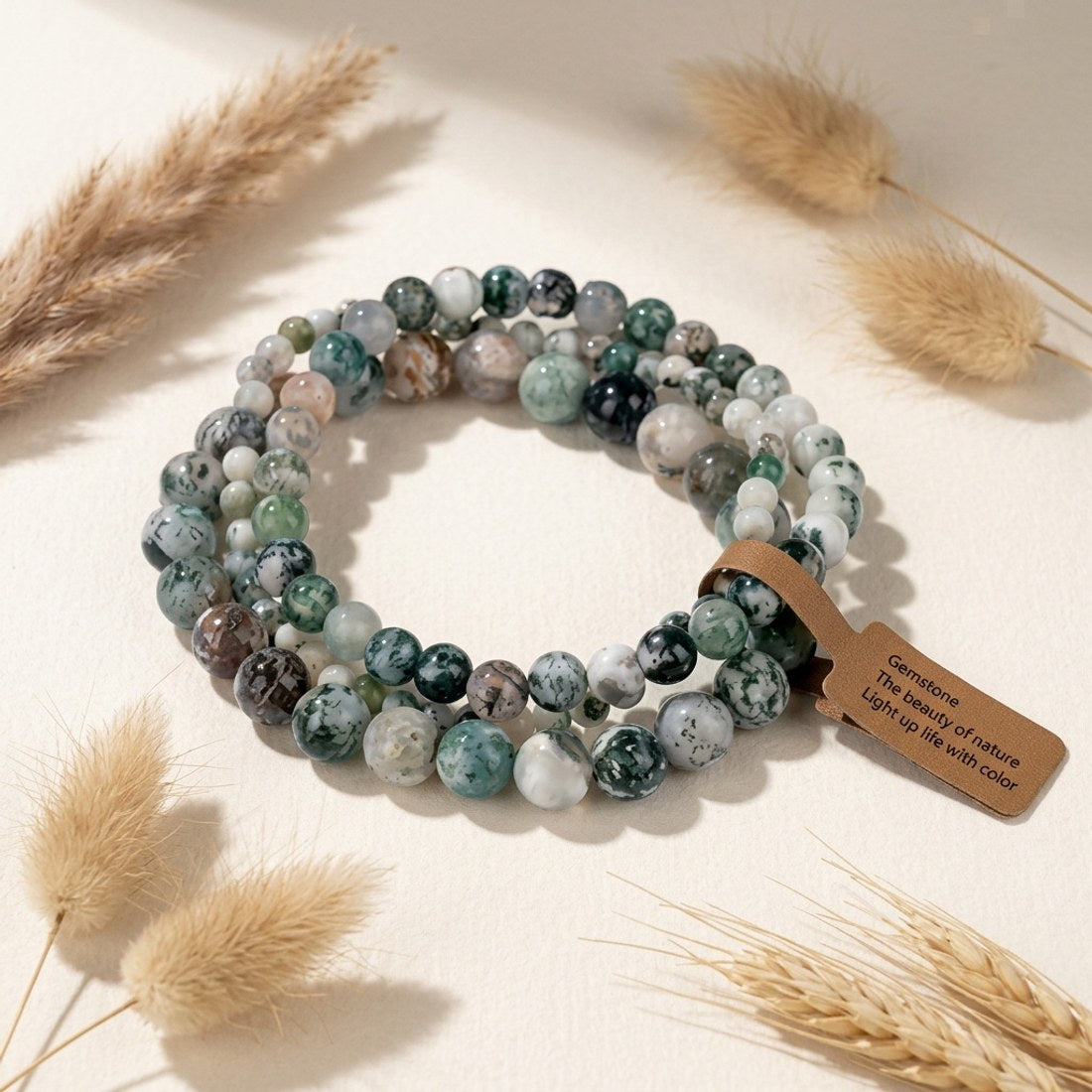 Tree Agate Mens Beaded Bracelet