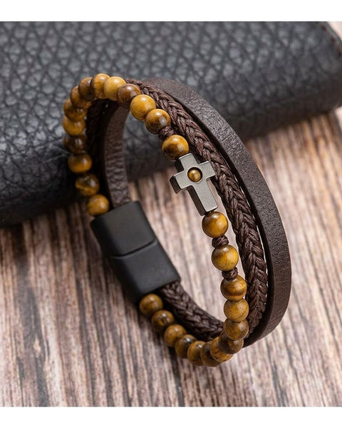 Men's Natural Stone Cross Braided Bracelet Yellow Brown Bead Wristband
