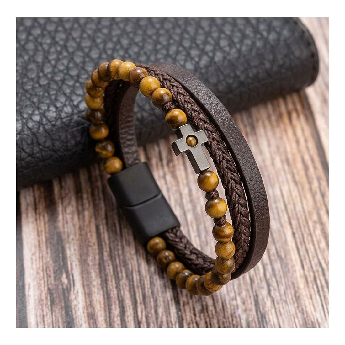 Men's Natural Stone Cross Braided Bracelet Yellow Brown Bead Wristband