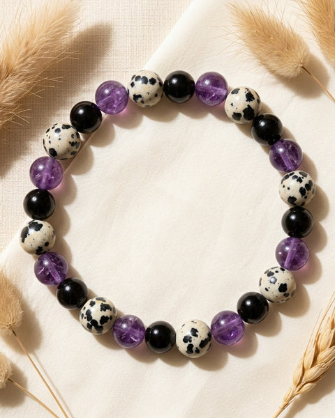 Black Onyx Purple Crystal Dalmatian Jasper Bracelet
