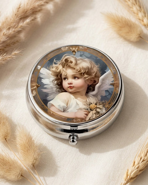 Cherub Angel Pill Box Round Silver Tone Metal Vintage Renaissance Tablet Case