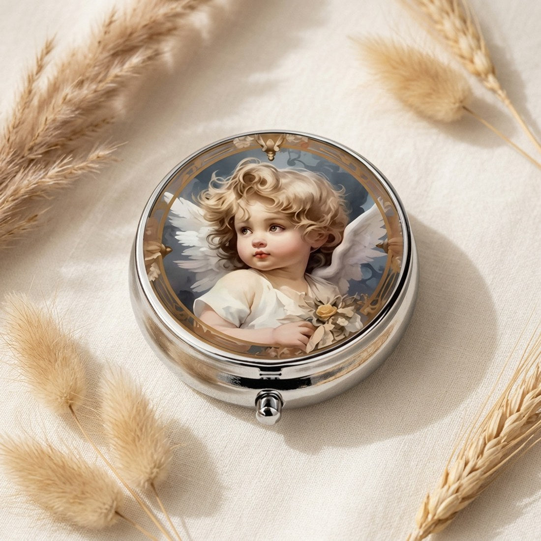 Cherub Angel Pill Box Round Silver Tone Metal Vintage Renaissance Tablet Case