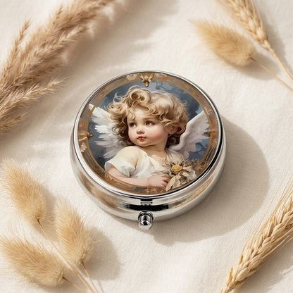 Cherub Angel Pill Box Round Silver Tone Metal Vintage Renaissance Tablet Case