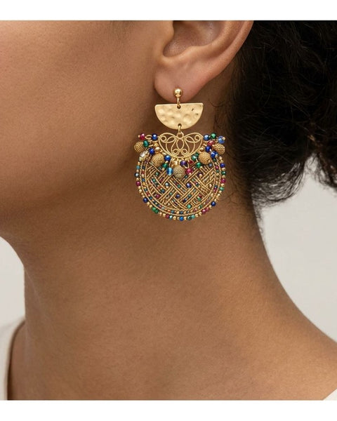 Multicolour Bohemian Statement Drop Earrings Beaded Round Boho Pair