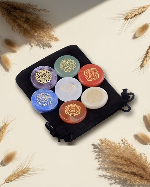 Seven Chakra Engraved Stone Disc Set 7pc with Pouch