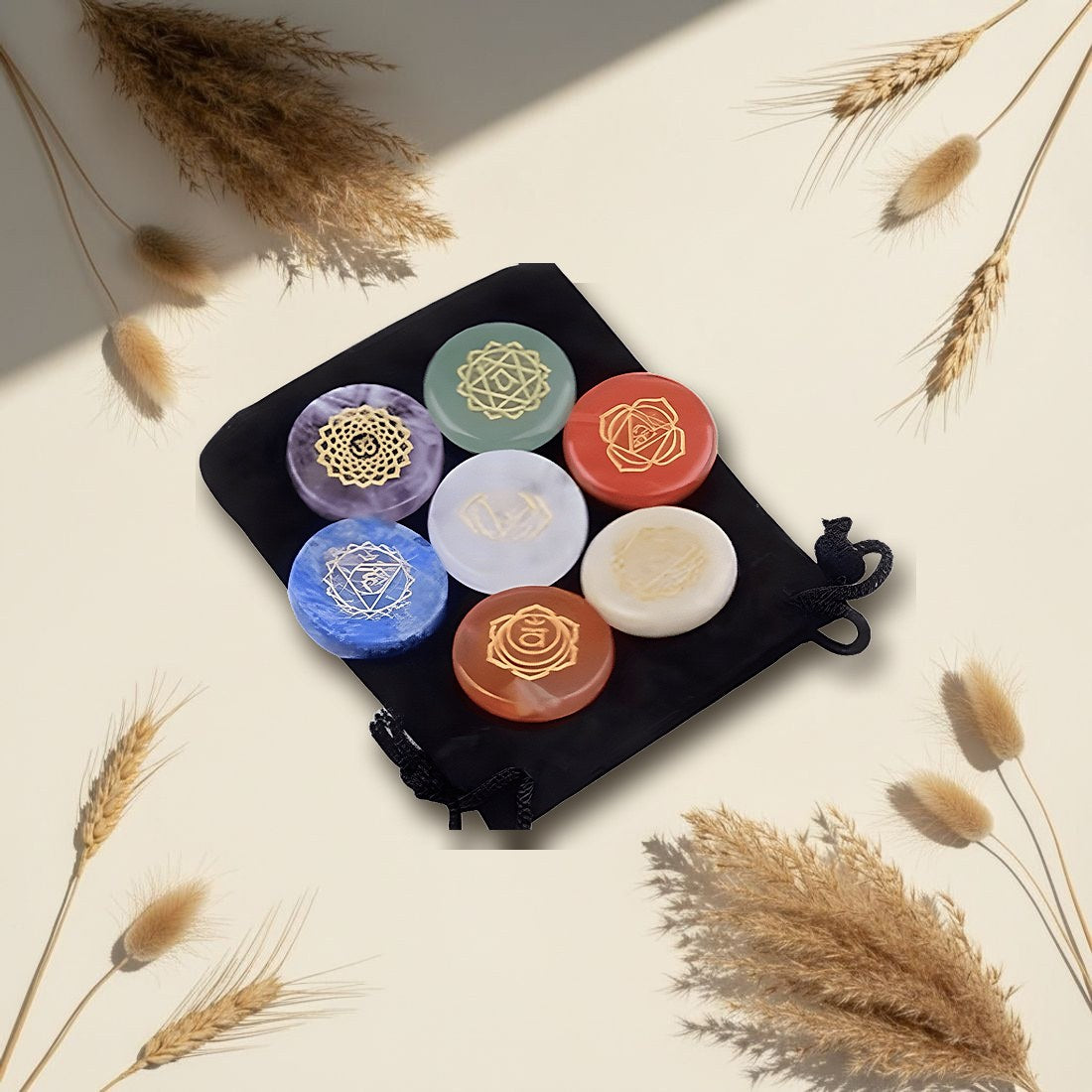Seven Chakra Engraved Stone Disc Set 7pc with Pouch