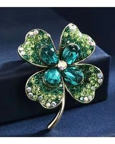 Four Leaf Clover Brooch Green Crystal Rhinestone Lucky Shamrock Pin Gold Tone