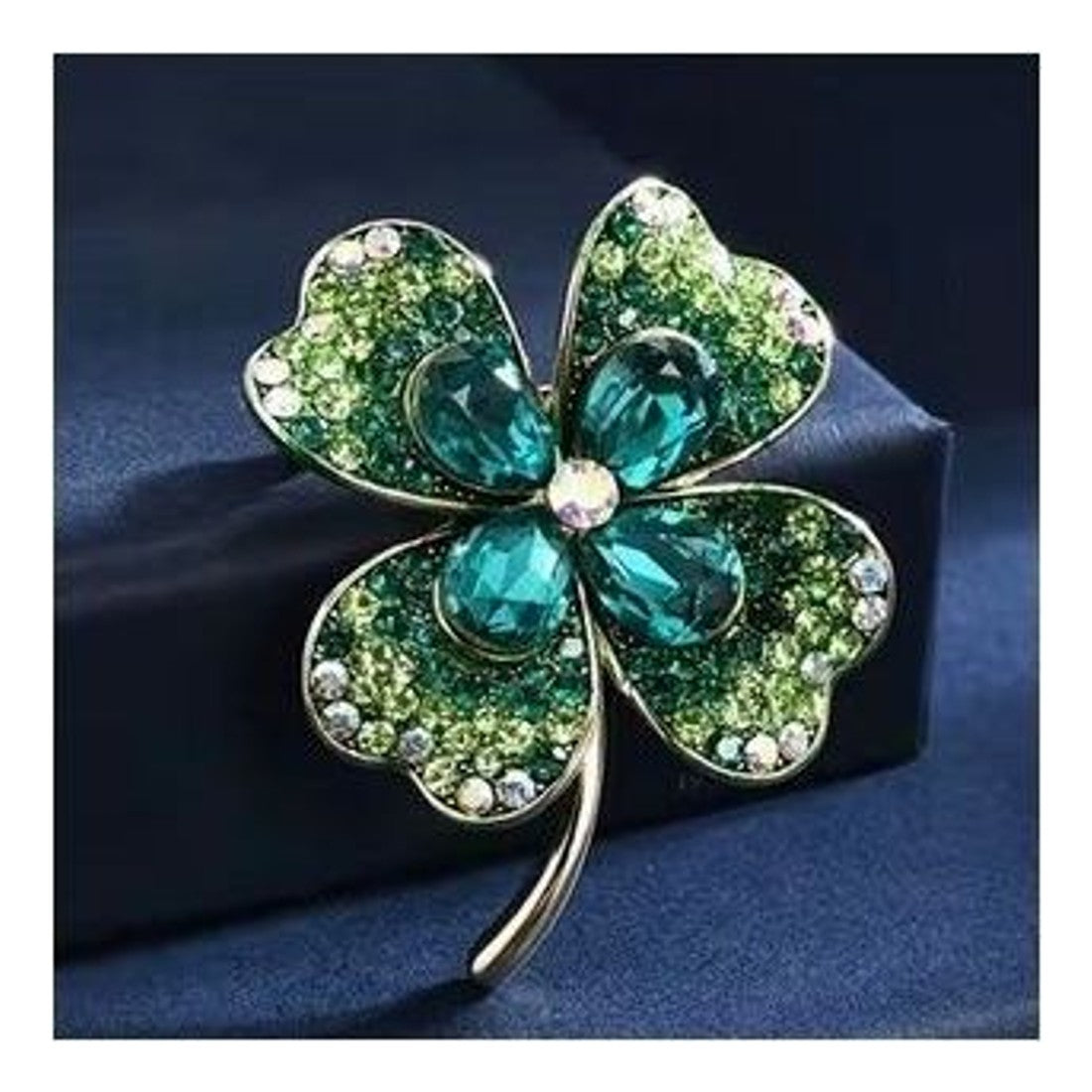Four Leaf Clover Brooch Green Crystal Rhinestone Lucky Shamrock Pin Gold Tone