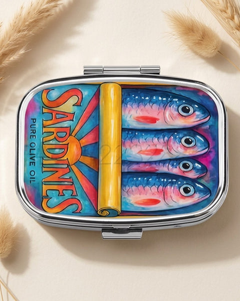 Sardine Tin Print Pill Box Metal Hinged 2 Compartment Retro Novelty Tablet Case