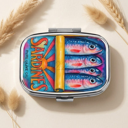 Sardine Tin Print Pill Box Metal Hinged 2 Compartment Retro Novelty Tablet Case