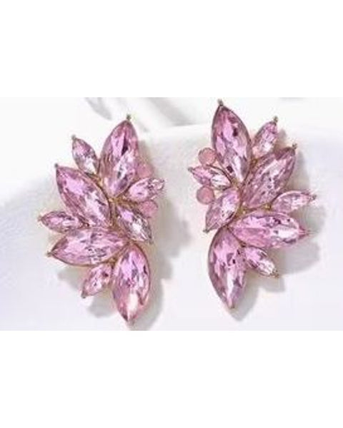 Pink Crystal Leaf Earrings Marquise Rhinestone Statement Studs Gold Tone